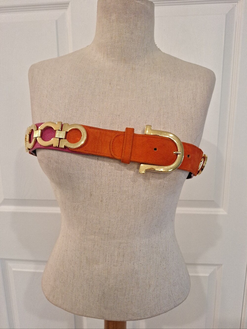 Worth Orange and Pink Leather Belt with Gold Hardware